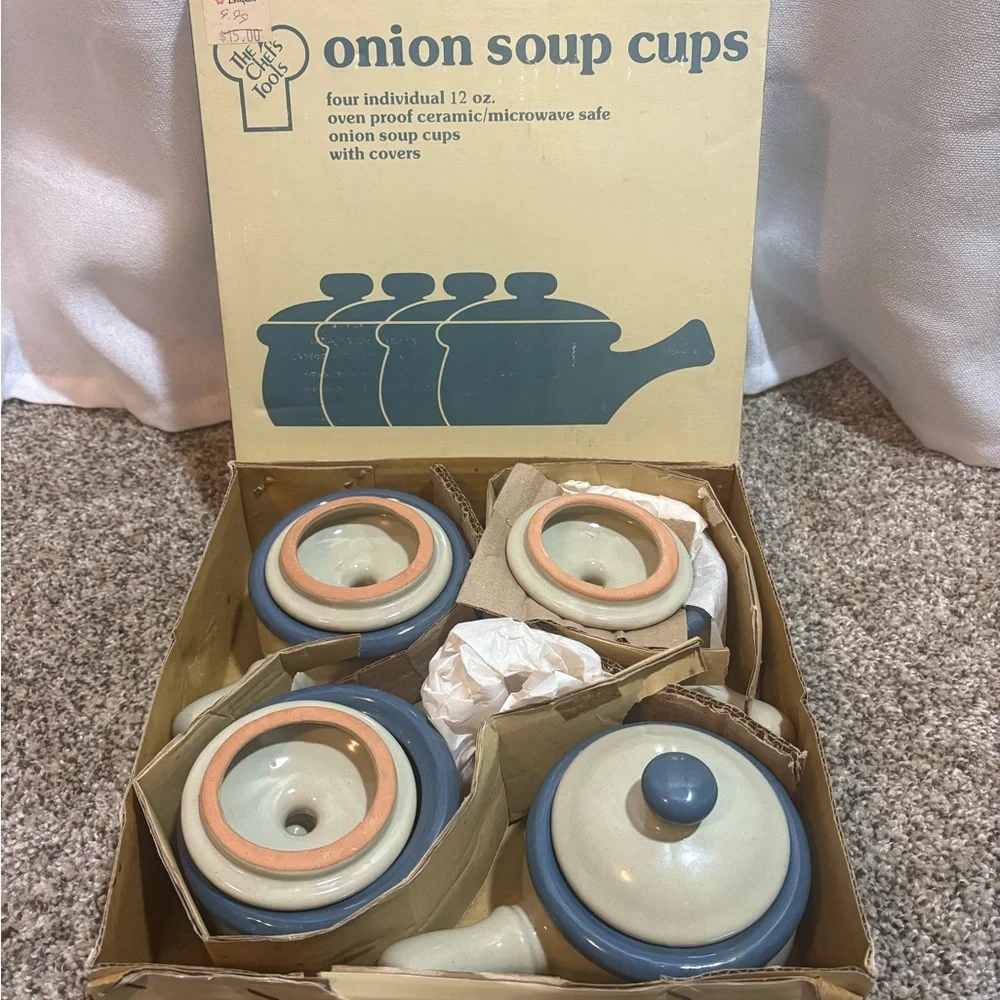 Vintage lot of 4 Earthware Stone Soup Crock W/Handle & Cover Blue line Rare 12oz